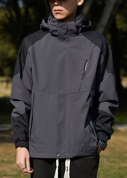 Manteau à capuche en coton foncé gris pour homme, élégant, avec poches patchwork