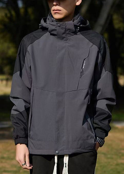 Manteau à capuche en coton foncé gris pour homme, élégant, avec poches patchwork