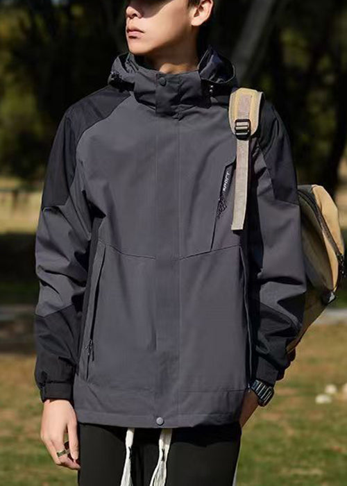 Manteau à capuche en coton foncé gris pour homme, élégant, avec poches patchwork