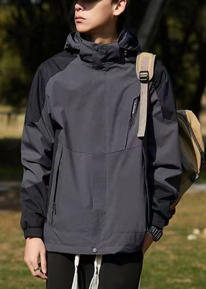 Manteau à capuche en coton foncé gris pour homme, élégant, avec poches patchwork