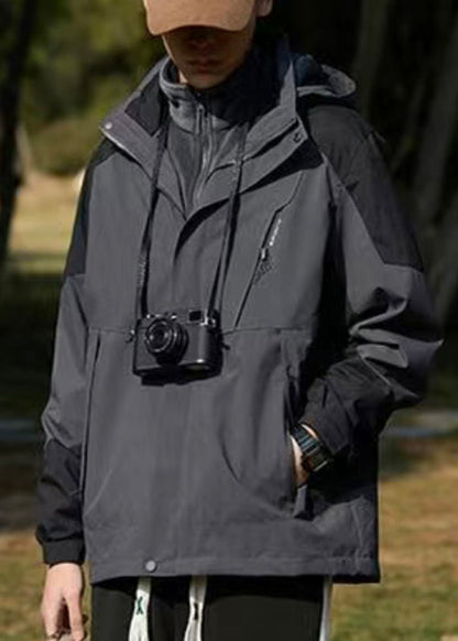 Manteau à capuche en coton foncé gris pour homme, élégant, avec poches patchwork