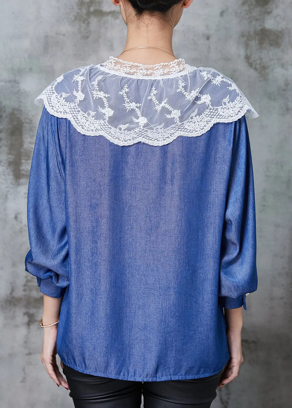 Classy Denim Blue Peter Pan Collar Patchwork Lace Cotton Shirts Spring Ada Fashion