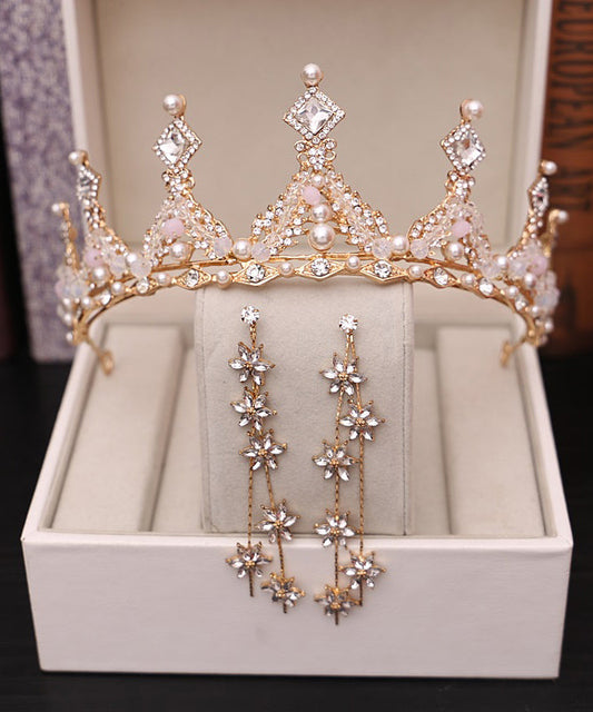 Classy Gold Alloy Zircon Pearl Crystal Floral Water Drop Three Piece Set Girl Crown IU054