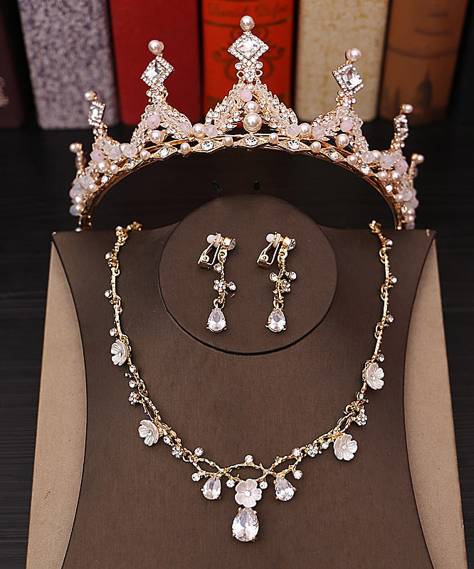 Classy Gold Alloy Zircon Pearl Crystal Floral Water Drop Three Piece Set Girl Crown IU054