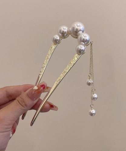 Classy Gold Sterling Silver Alloy Pearl Tassel U Shaped Hairpin QD047