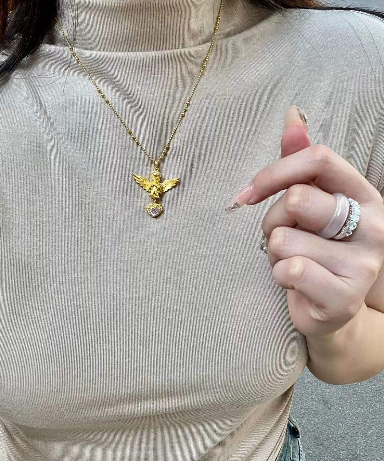 Edle Halskette mit Engel-Anhänger aus vergoldetem Sterlingsilber mit Zirkonia YI032