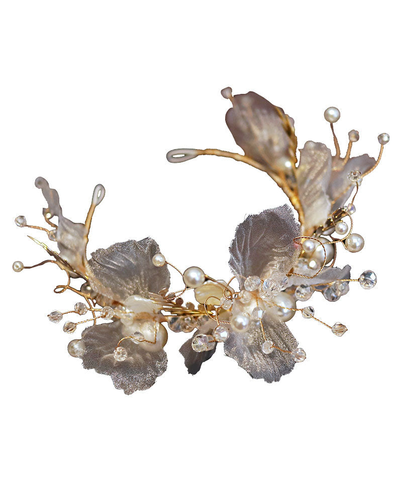 Classy Gold Tulle Crystal Pearl Floral Girl Hairpin IU058