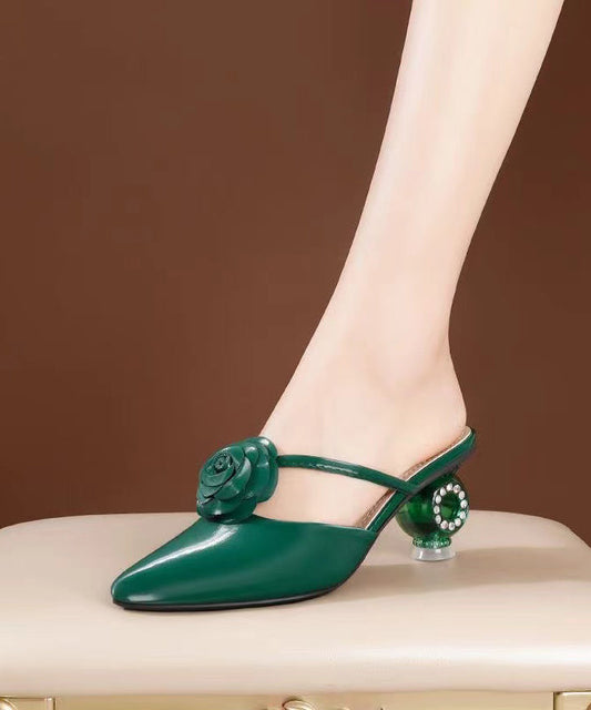 Classy Green Floral Crystal Chunky Slide Sandals Pointed Toe XC1026