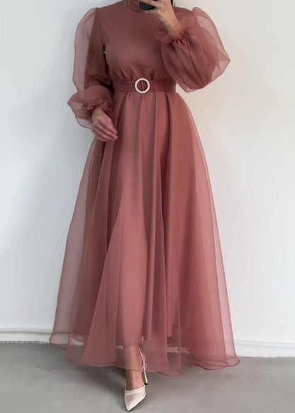 Robe longue en tulle à col montant et demi-manches verte élégante pour l'automne QL031