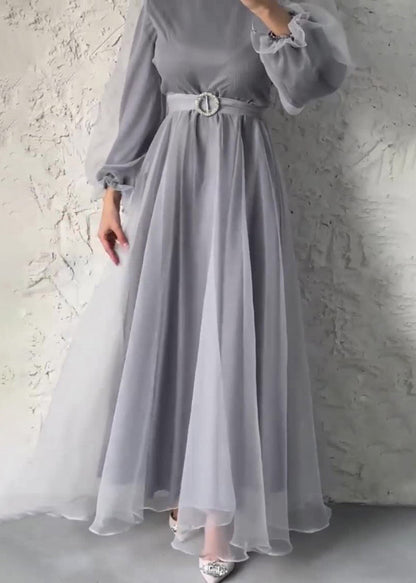 Robe longue en tulle à col montant et demi-manches verte élégante pour l'automne QL031