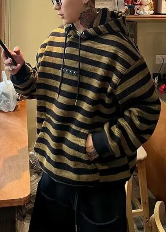 Pull rayé à capuche vert élégant pour homme, hiver RP069