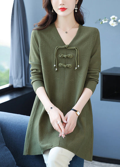 Edler grüner langer Wollpullover mit V-Ausschnitt und Print, Winter RL015