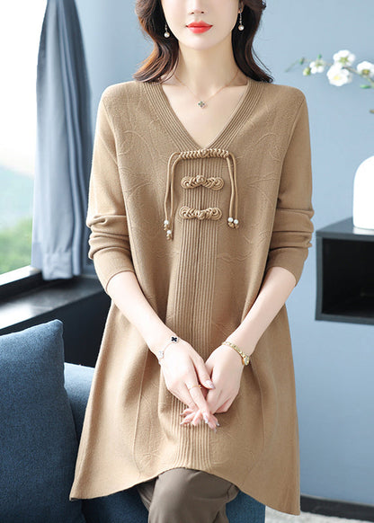 Edler grüner langer Wollpullover mit V-Ausschnitt und Print, Winter RL015