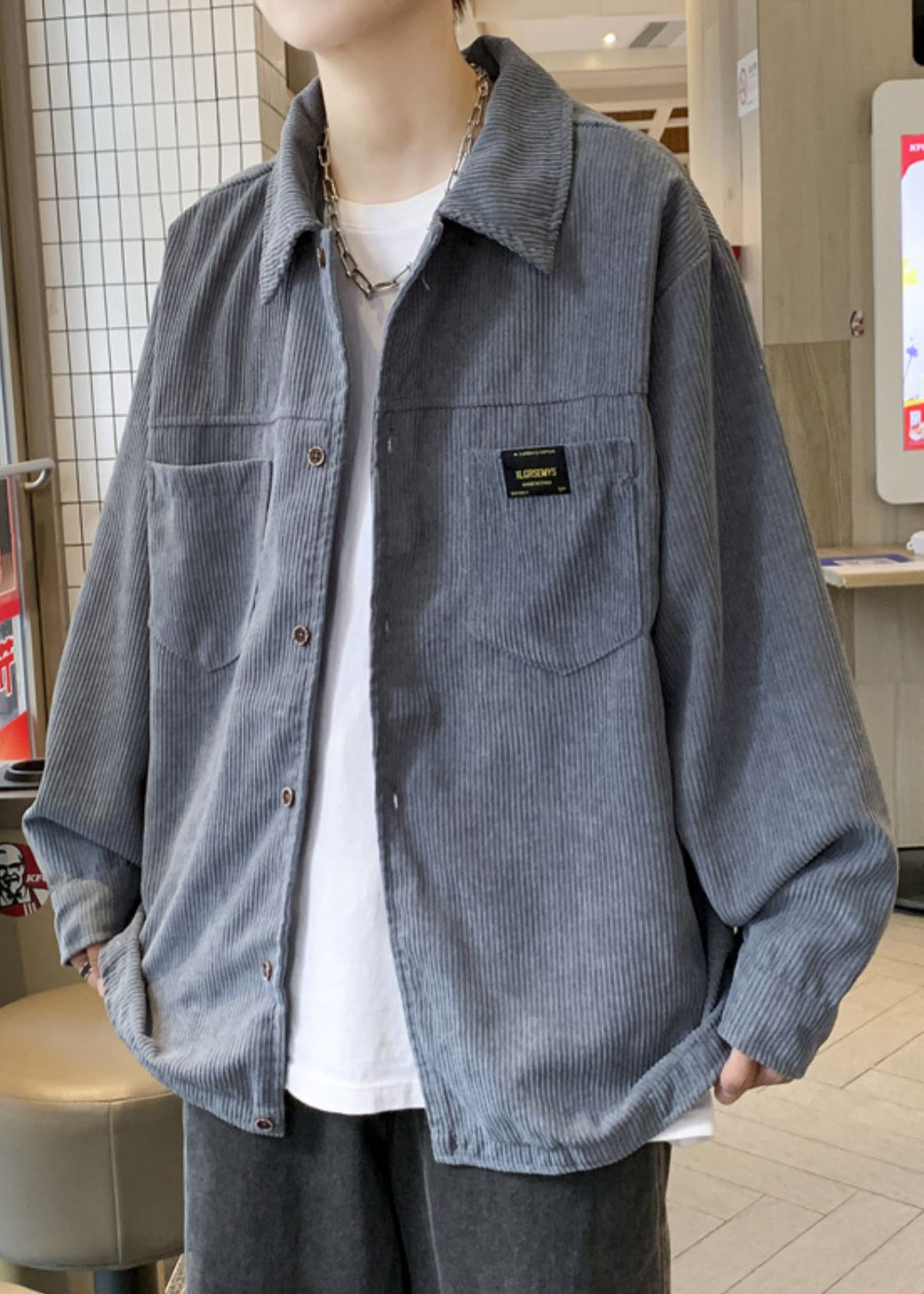 Grey Button Coats Coat Oversized Pockets Men Classy Corduroy