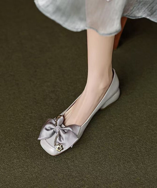 Shoes Chunky Classy Cowhide Flat Grey Leather Splicing Bow