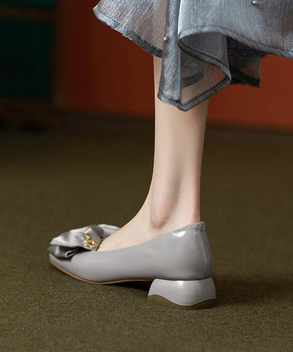 Schuhe Chunky Classy Cowhide Flat Grau Leder Splicing Bow