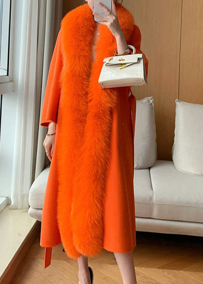 Classy Hermes Orange Fox Collar Pockets Tie Waist Woolen Maxi Coat Winter RD005