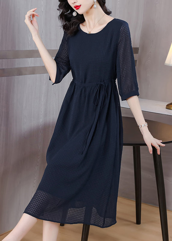 Classy Navy O Neck Drawstring Chiffon Dress Summer BB004