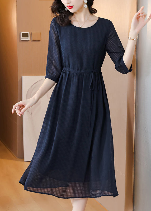 Classy Navy O Neck Drawstring Chiffon Dress Summer BB004