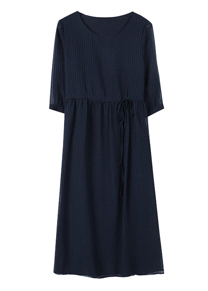 Robe d'été en mousseline de soie bleu marine à col rond et cordon de serrage BB004