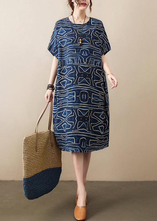Robe Kleider Leinen Marine Sommer Classy Oversized Print