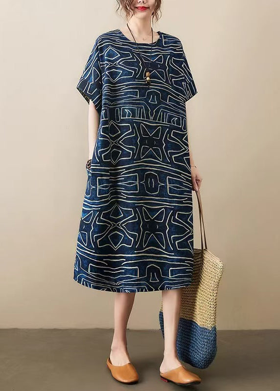 Robe Kleider Leinen Marine Sommer Classy Oversized Print