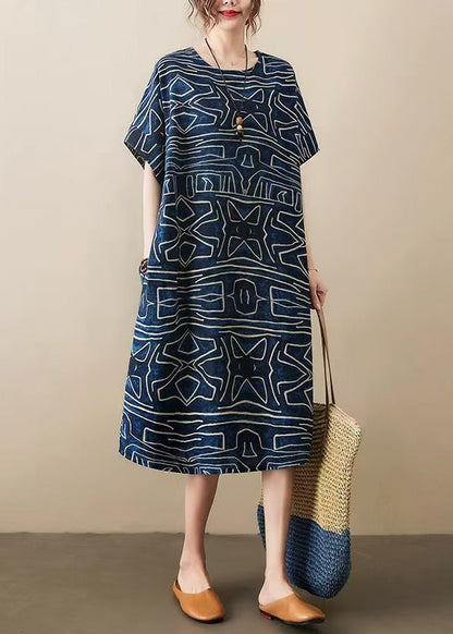 Robe Kleider Leinen Marine Sommer Classy Oversized Print