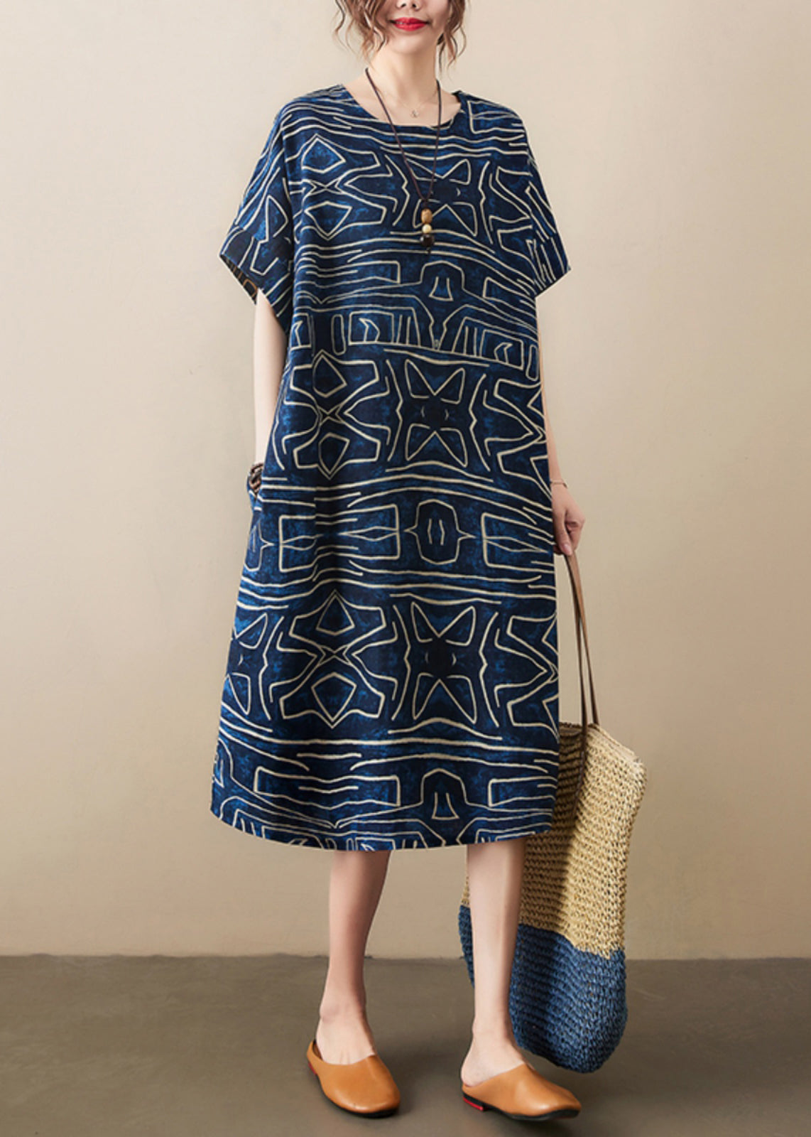 Robe Kleider Leinen Marine Sommer Classy Oversized Print
