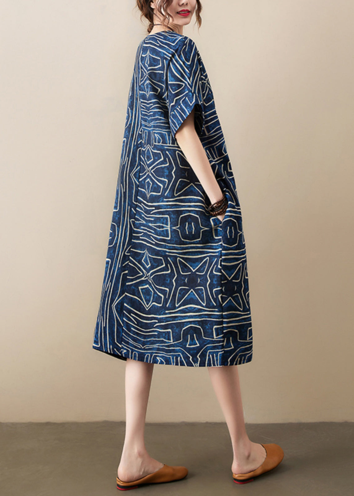 Robe Kleider Leinen Marine Sommer Classy Oversized Print