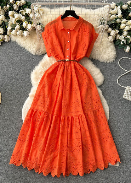 Robe chemise en coton ajourée à boutons et col Peter Pan orange chic pour l'été TR054