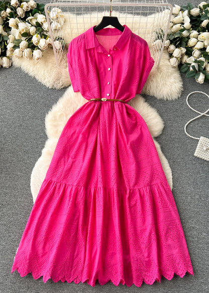 Robe chemise en coton ajourée à boutons et col Peter Pan orange chic pour l'été TR054