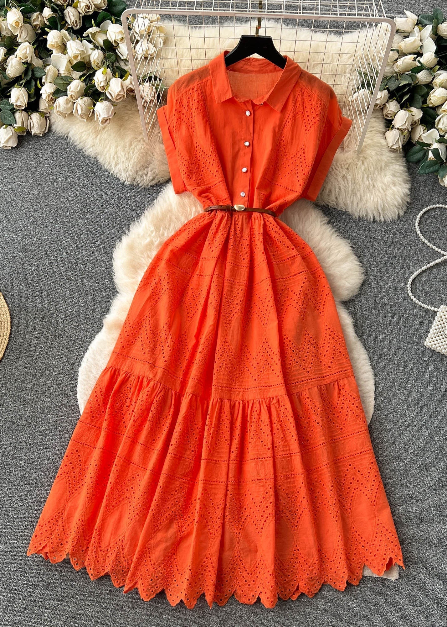 Classy Orange Peter Pan Collar Button Hollow Out Cotton Shirt Dresses Summer TR054