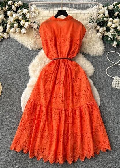 Robe chemise en coton ajourée à boutons et col Peter Pan orange chic pour l'été TR054