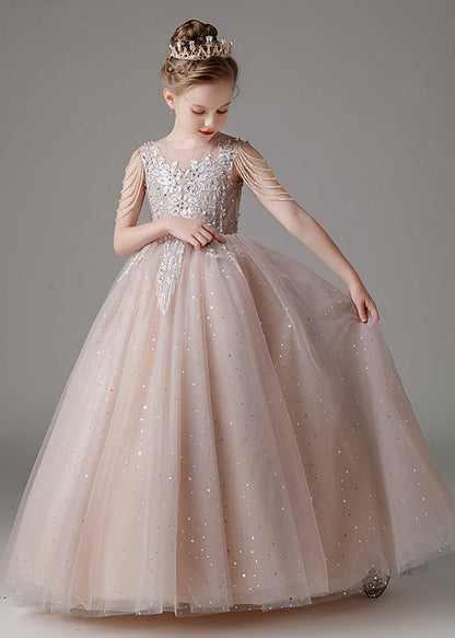 Robe longue en tulle à paillettes et col rond pour enfants, élégante et rose, sans manches, QV009