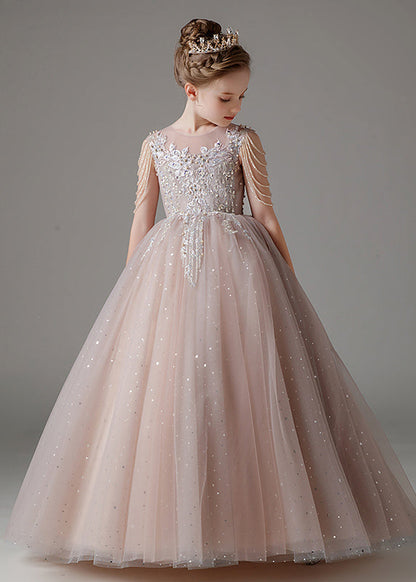 Robe longue en tulle à paillettes et col rond pour enfants, élégante et rose, sans manches, QV009