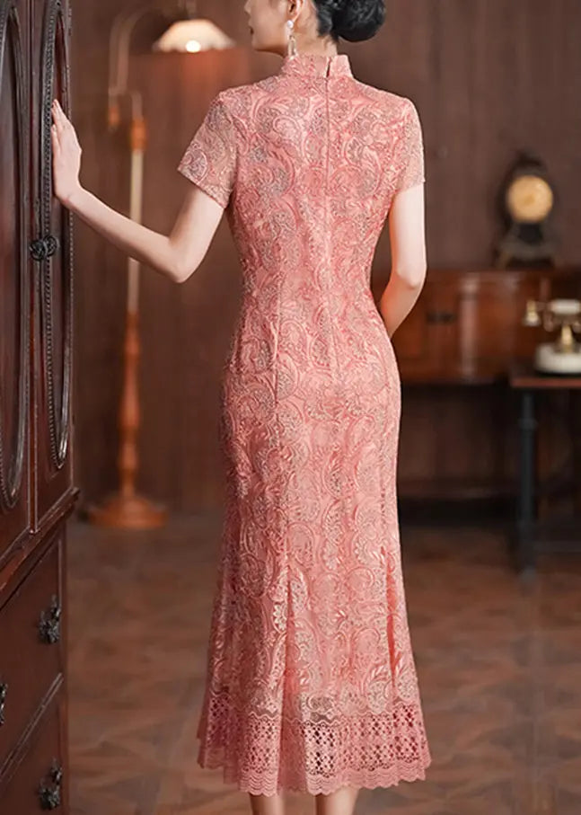 Classy Pink Stand Collar Lace Patchwork Long Dresses Summer Ada Fashion