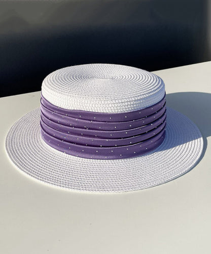 Hat Woven Straw Zircon Satin Purple Cloche Classy