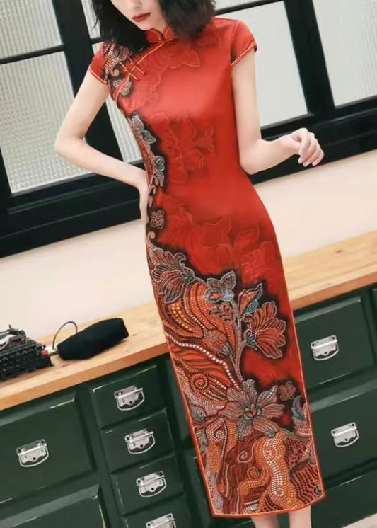 Classy Red Button Print Side Open Silk Long Dresses Summer Ada Fashion