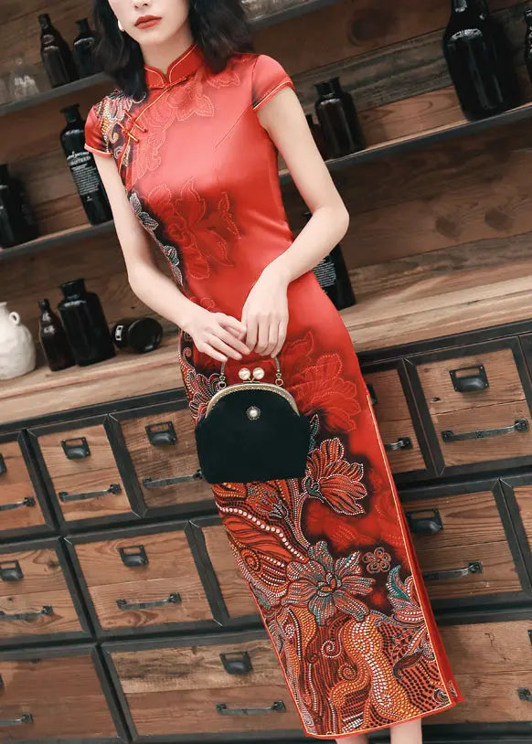 Classy Red Button Print Side Open Silk Long Dresses Summer Ada Fashion