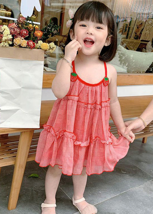 Classy Red Plaid Ruffled Patchwork Kids Chiffon Girls Slip Mid Dress Sleeveless GF026