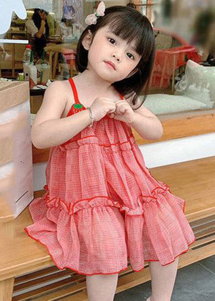 Classy Red Plaid Ruffled Patchwork Kids Chiffon Girls Slip Mid Dress Sleeveless GF026