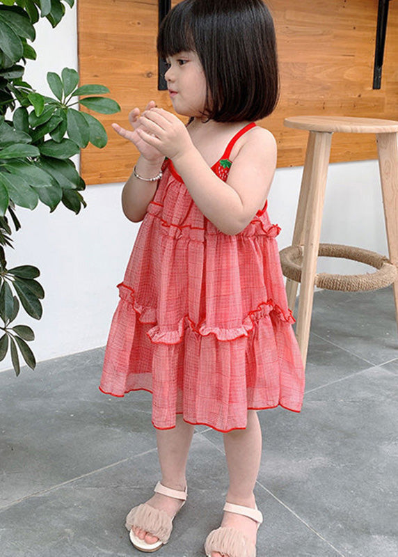 Classy Red Plaid Ruffled Patchwork Kids Chiffon Girls Slip Mid Dress Sleeveless GF026