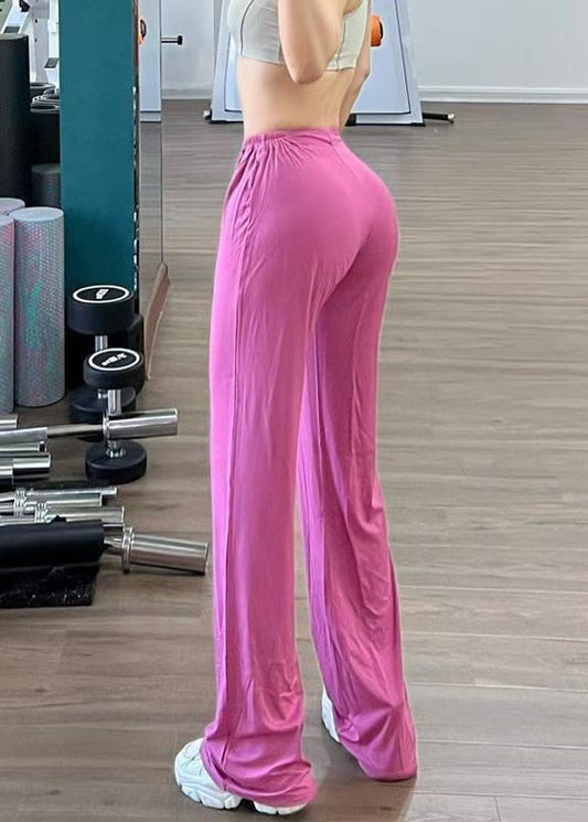Pantalon d'été élégant en coton élastique à taille droite rose