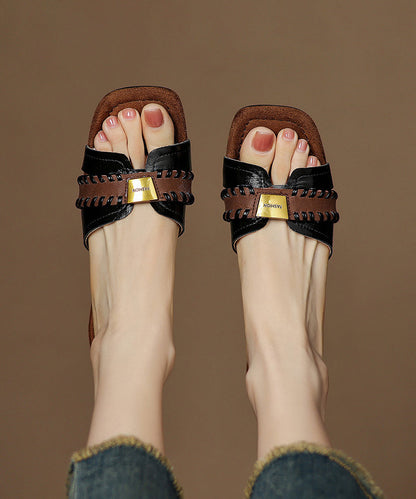 Splicing Sandals Cowhide Beige Chunky Classy Slide Leather