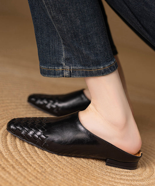 Classy Leather Splicing Comfy Slide Black Sandals Cowhide