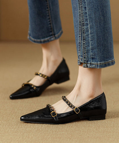 Classy Splicing Flat Shoes Black Cowhide Leather Pointed Toe RI021