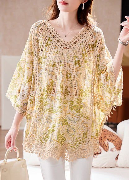 Batwing Print Neck Out Baumwolle Edle Ärmel Tops Hohl V