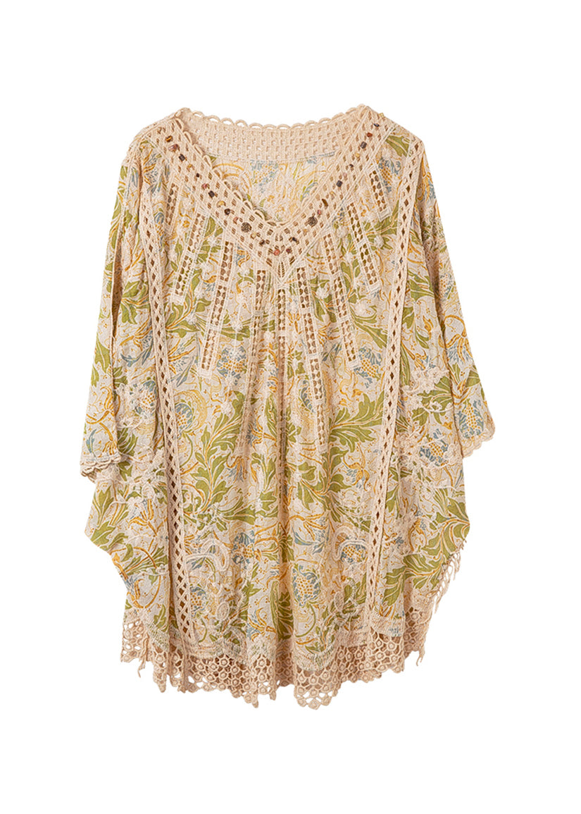 Batwing Print Neck Out Baumwolle Edle Ärmel Tops Hohl V