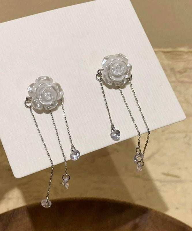 Alloy White Tassel Classy Earrings Crystal Drop Camellia