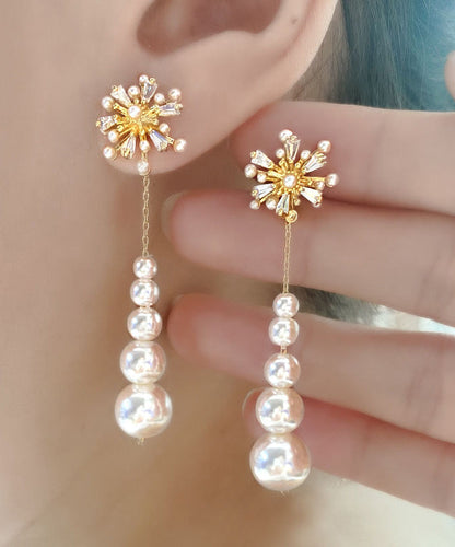 Classy White Alloy Snowflakes Pearl Tassel Drop Earrings ET020